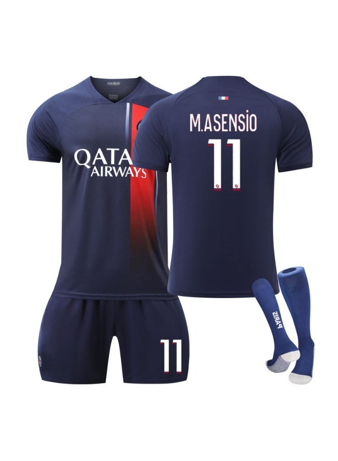 PSG 2023-2024 باريس هوم كورت #11 م. أسينسيو لكرة القدم جيرسي السراويل الجوارب مجموعة حجم الأطفال والكبار حجم الهدايا للجماهير والأصدقاء - Image 1